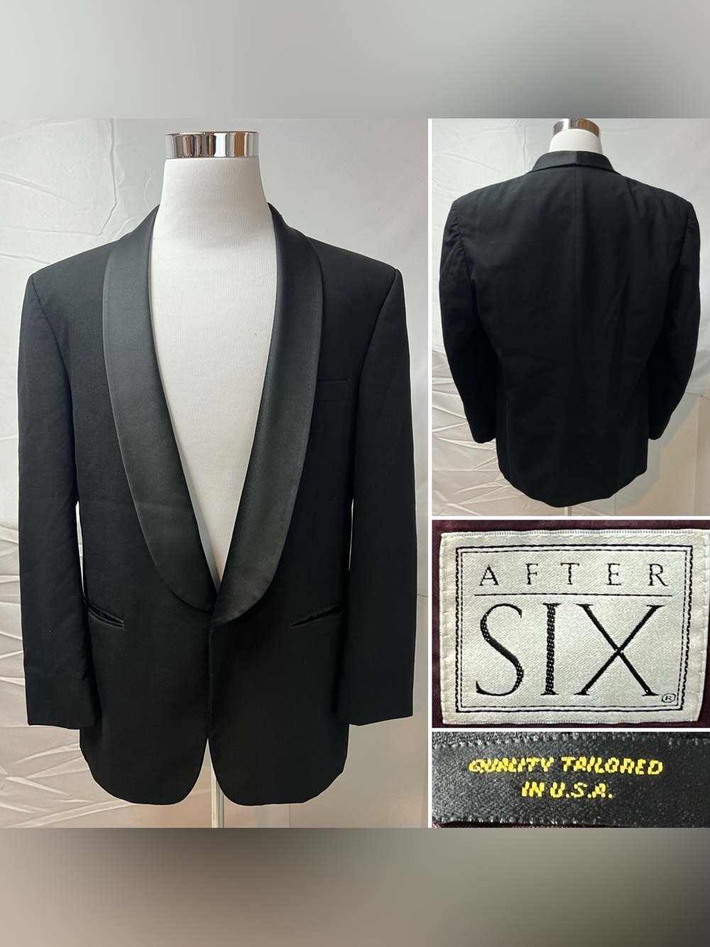 Vintage After Six Men’s 43L Black Satin Shawl Collar Tailored Tuxedo Jacket